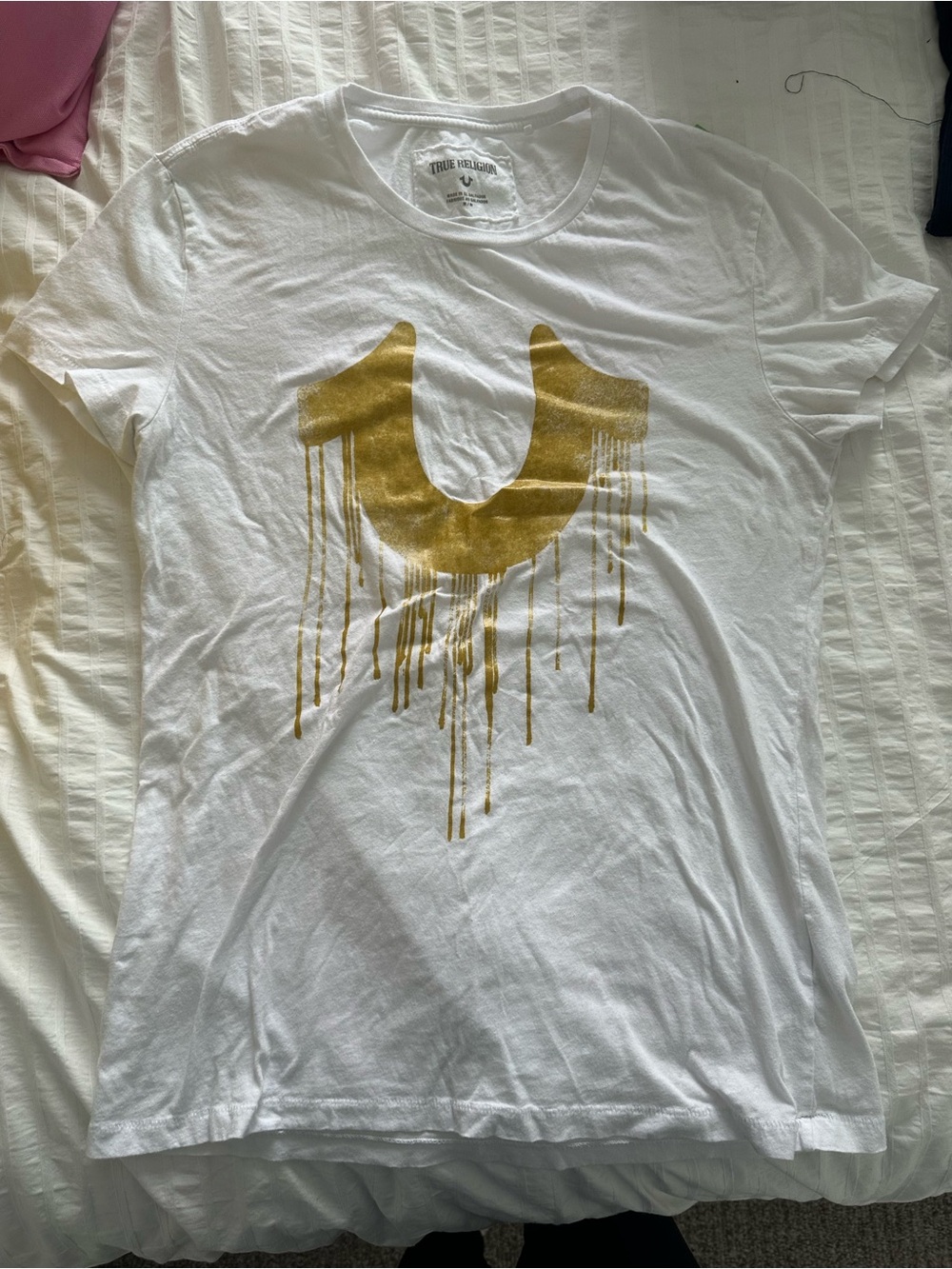 True Religion White Short Sleeve Tee with Metallic Gold Drip Logo